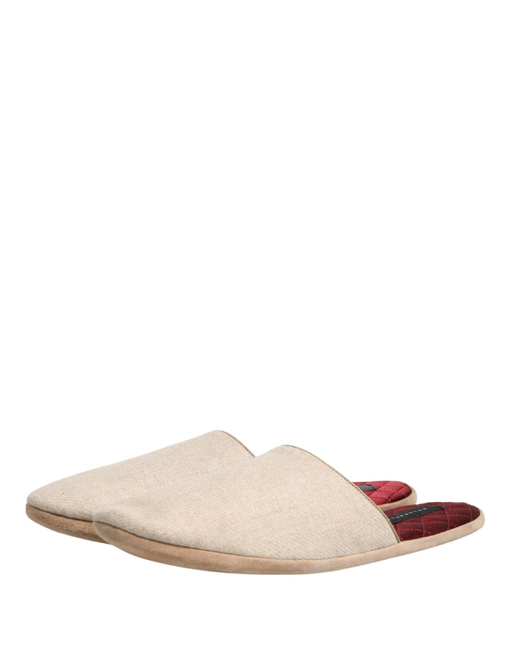 Dolce &amp; Gabbana Beige Shetland Wool Red Quilted Slippers Shoes