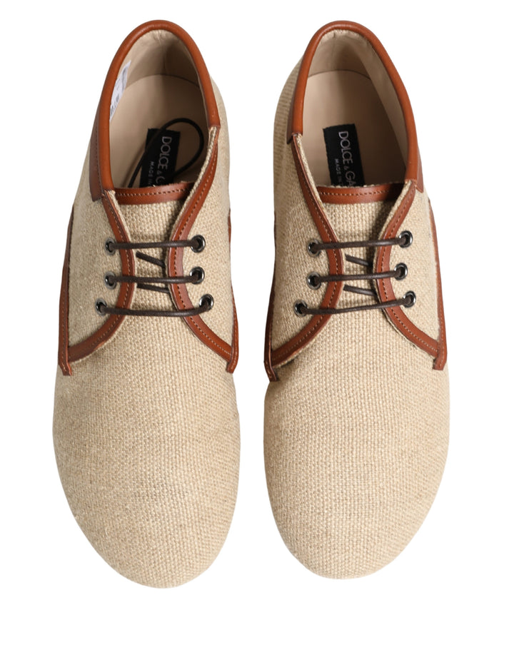 Dolce &amp; Gabbana Beige Canvas Lace-Up Men Dress Derby Shoes