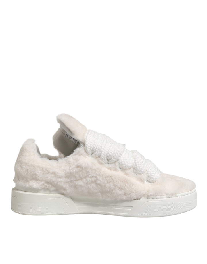 Dolce &amp; Gabbana White Shearling Fur Bianco Low Top Sneakers Shoes
