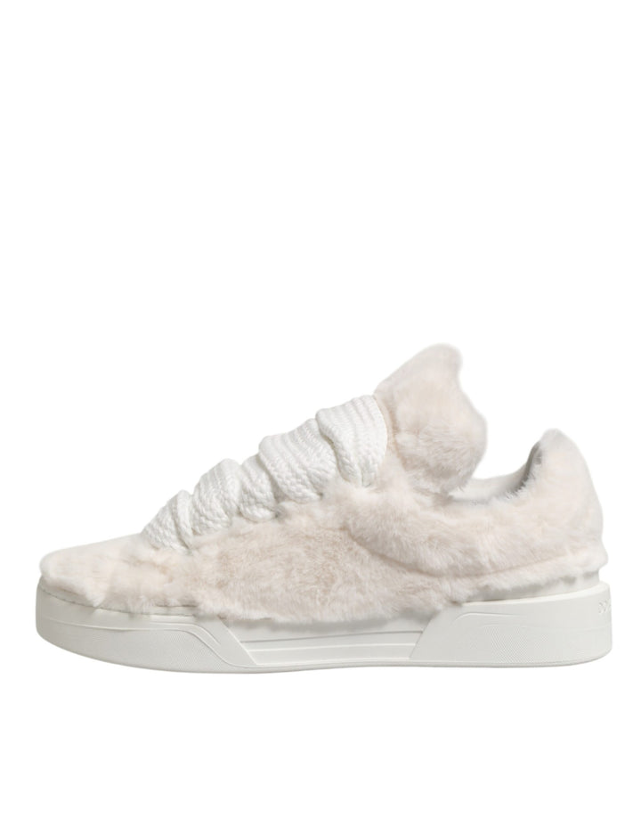 Dolce &amp; Gabbana White Shearling Fur Bianco Low Top Sneakers Shoes