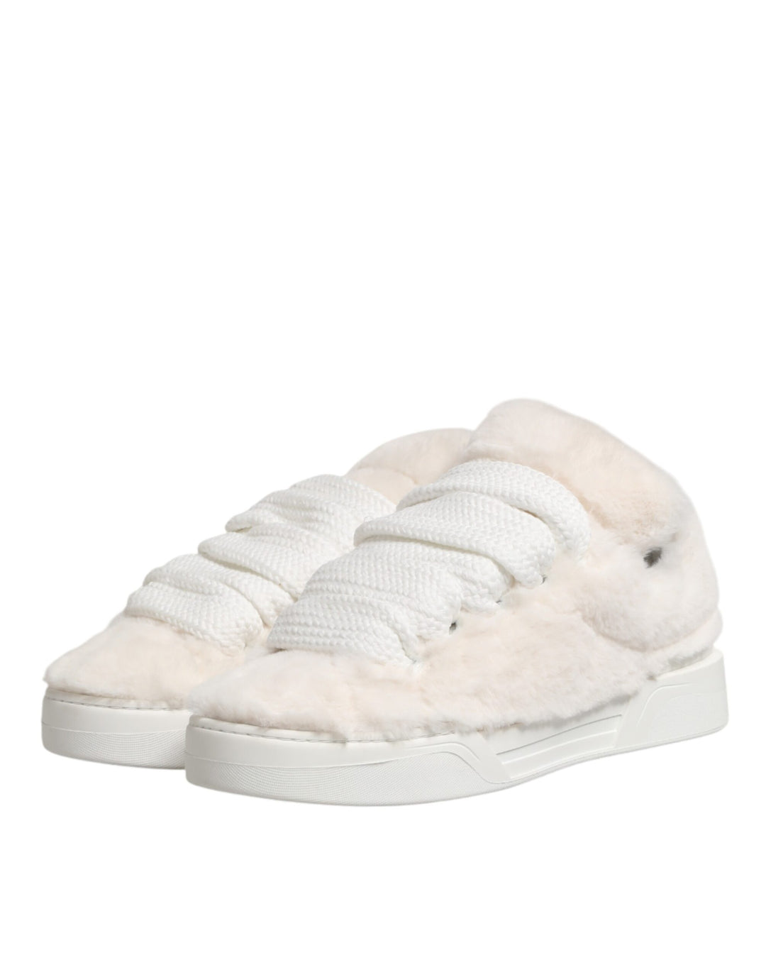 Dolce &amp; Gabbana White Shearling Fur Bianco Low Top Sneakers Shoes