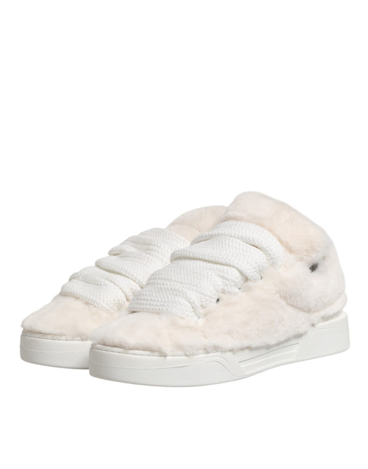 Dolce &amp; Gabbana White Shearling Fur Bianco Low Top Sneakers Shoes