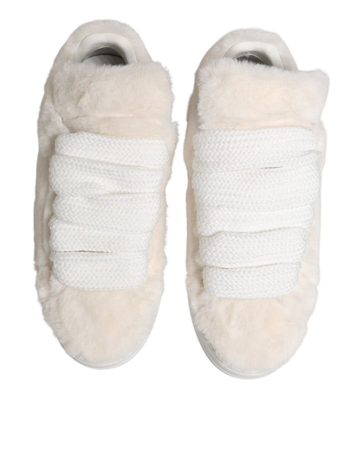 Dolce &amp; Gabbana White Shearling Fur Bianco Low Top Sneakers Shoes