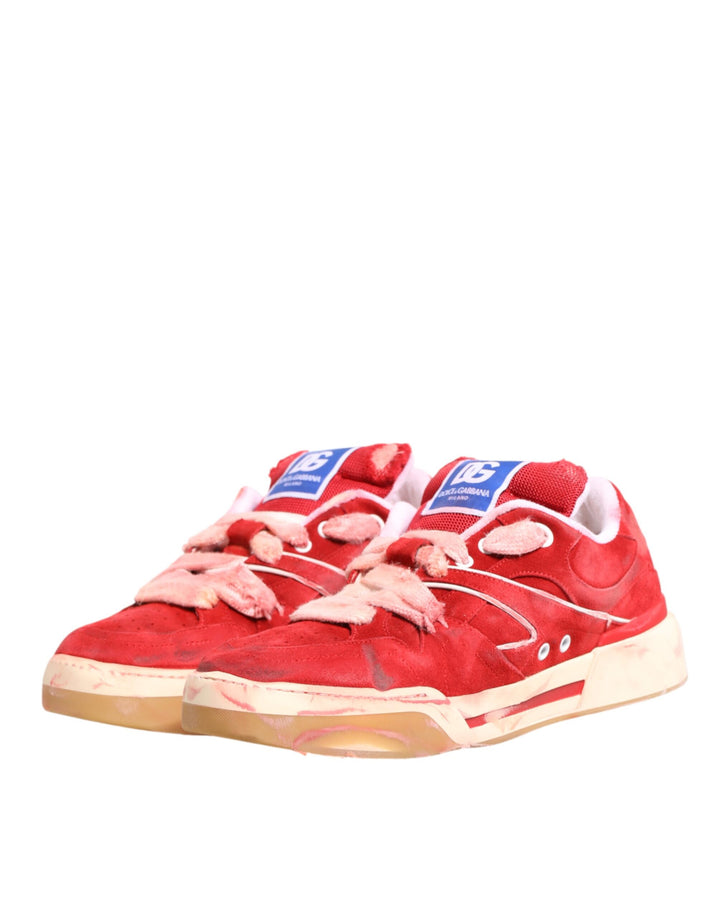 Dolce &amp; Gabbana Red White Suede DG Logo Low Top Sneakers Shoes