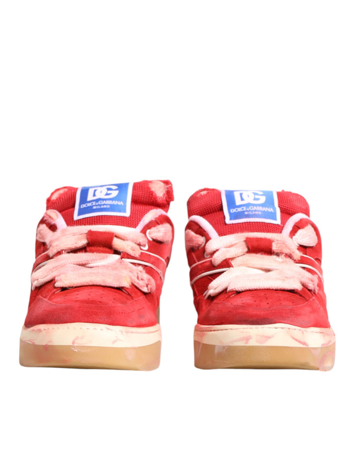 Dolce &amp; Gabbana Red White Suede DG Logo Low Top Sneakers Shoes