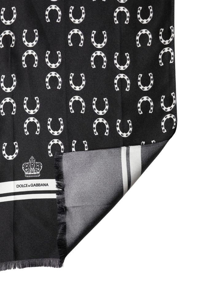 Dolce &amp; Gabbana Black Horseshoe Silk Neck Foulard 136cm x 23cm Men Scarf