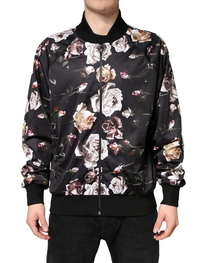 Dolce &amp; Gabbana Black Floral Polyester Full Zip Bomber Jacket