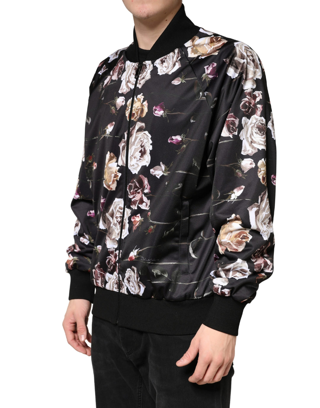 Dolce &amp; Gabbana Black Floral Polyester Full Zip Bomber Jacket