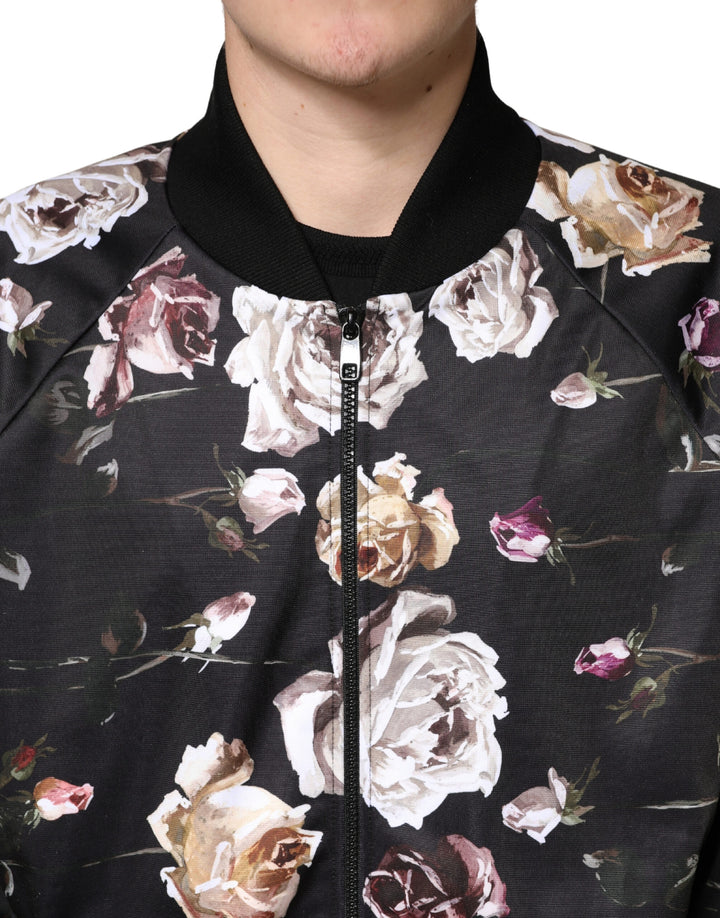Dolce &amp; Gabbana Black Floral Polyester Full Zip Bomber Jacket