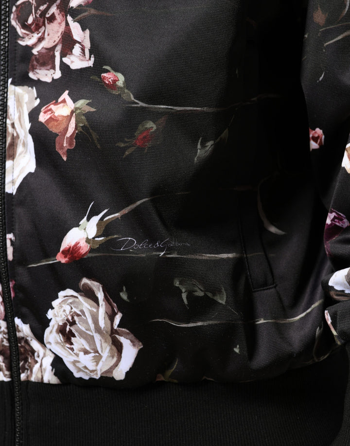 Dolce &amp; Gabbana Black Floral Polyester Full Zip Bomber Jacket