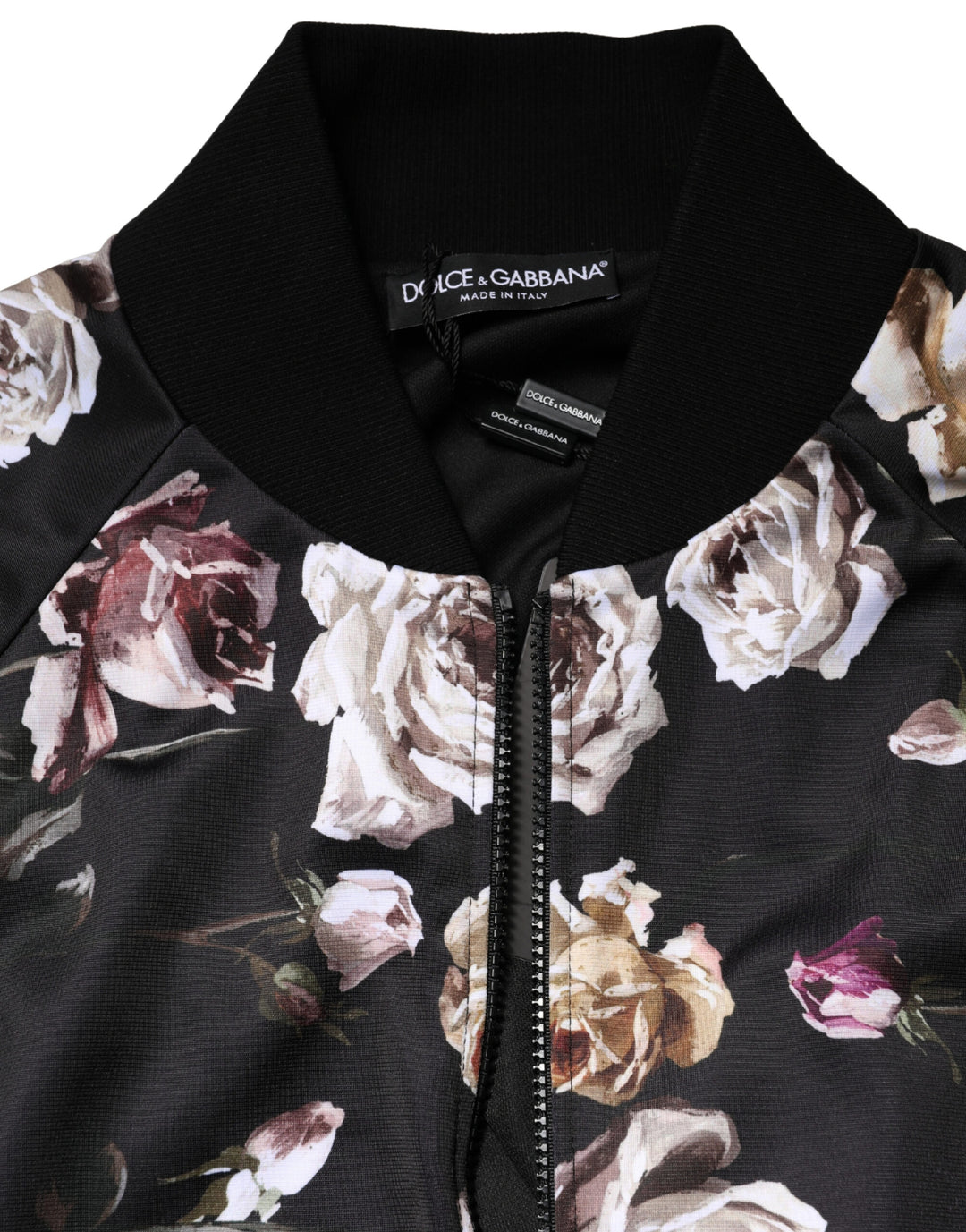 Dolce &amp; Gabbana Black Floral Polyester Full Zip Bomber Jacket