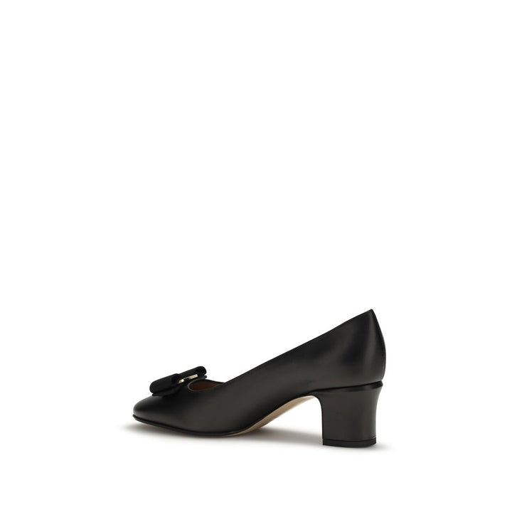 Ferragamo Black Calf Leather Bos Taurus Mid Heel Pumps