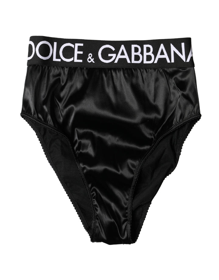 Dolce &amp; Gabbana Black Satin High-Waist Brief Logo Women Underwear