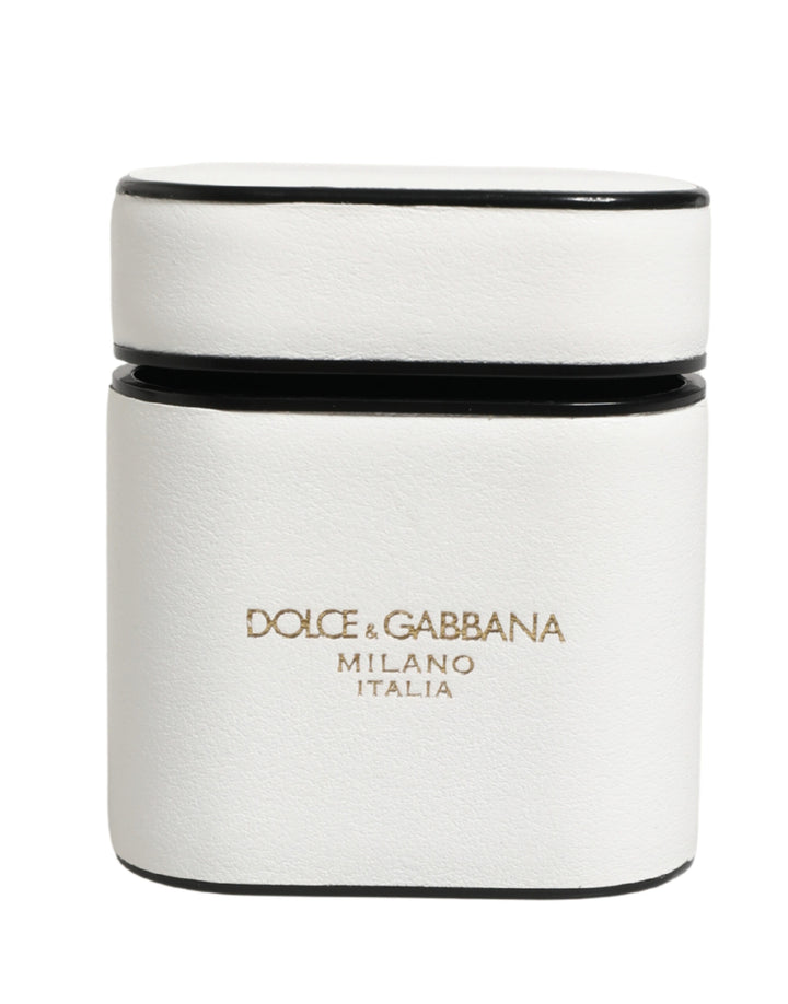Dolce &amp; Gabbana White Calf Leather Logo Print Flip Holder  Airpods Case