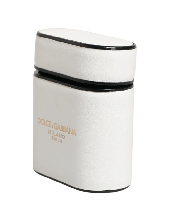 Dolce &amp; Gabbana White Calf Leather Logo Print Flip Holder  Airpods Case