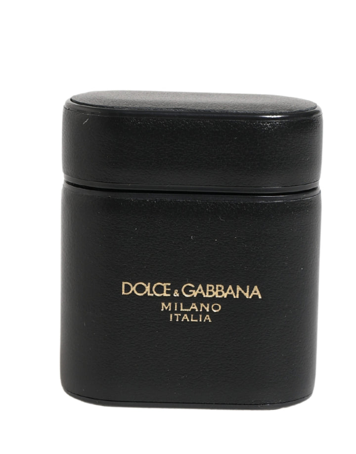 Dolce &amp; Gabbana Black Calf Leather Logo Print Flip Holder Airpods Case