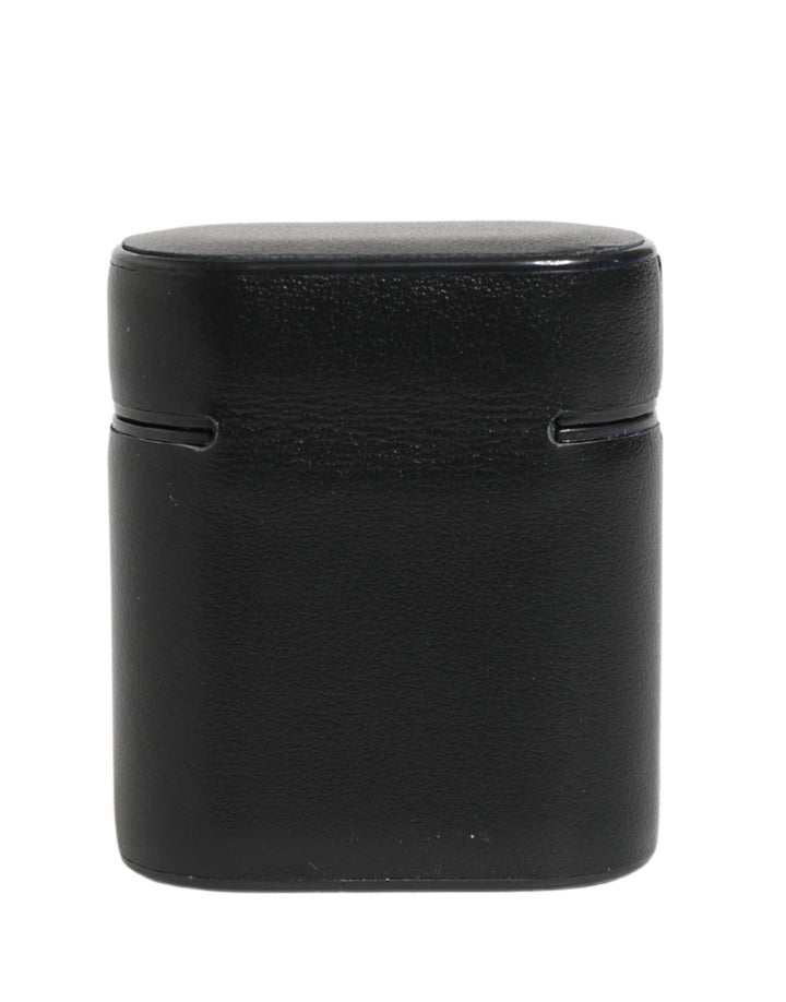 Dolce &amp; Gabbana Black Calf Leather Logo Print Flip Holder Airpods Case