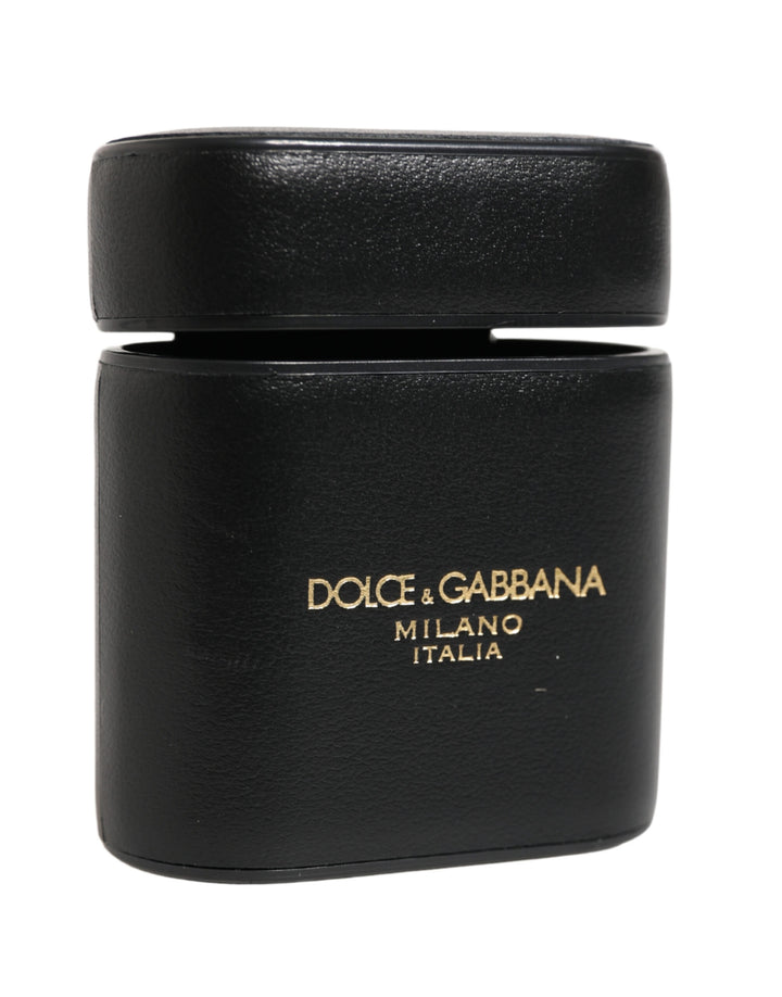 Dolce &amp; Gabbana Black Calf Leather Logo Print Flip Holder Airpods Case