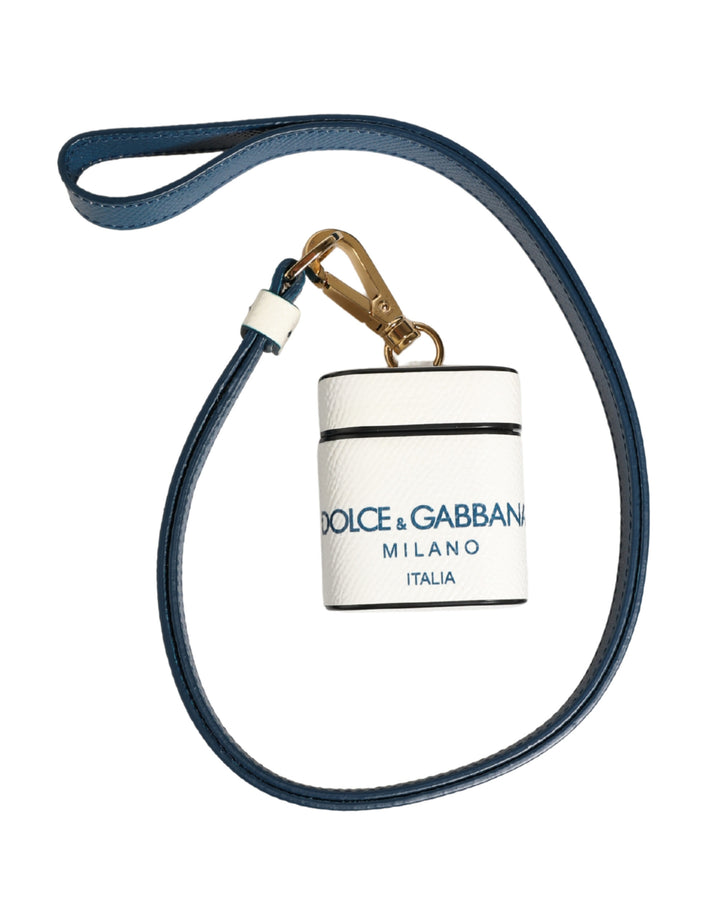 Dolce &amp; Gabbana White Calf Leather Logo Flip Holder Strap Airpods Case