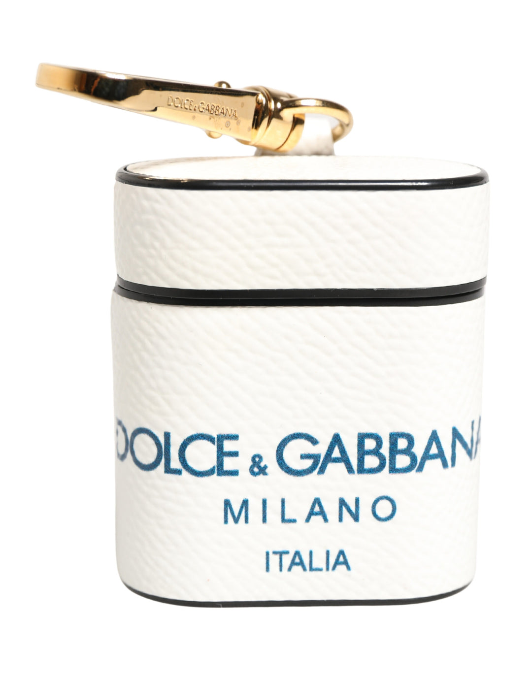 Dolce &amp; Gabbana White Calf Leather Logo Flip Holder Strap Airpods Case