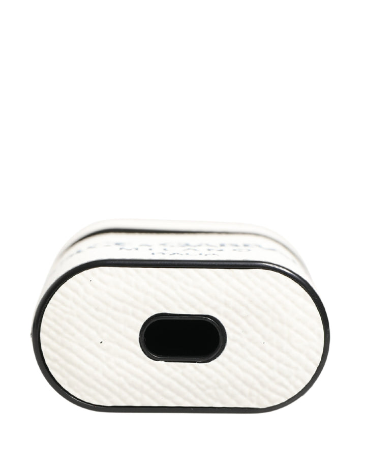 Dolce &amp; Gabbana White Calf Leather Logo Flip Holder Strap Airpods Case
