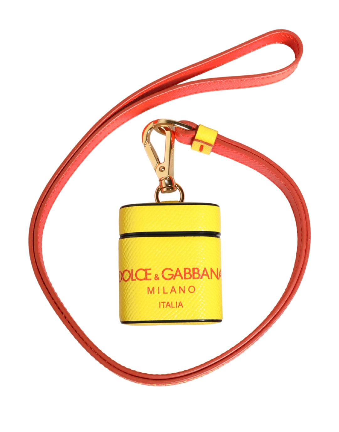 Dolce &amp; Gabbana Yellow Calf Leather Logo Flip Holder Strap Airpods Case