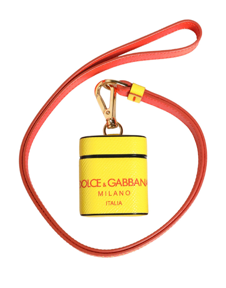 Dolce &amp; Gabbana Yellow Calf Leather Logo Flip Holder Strap Airpods Case