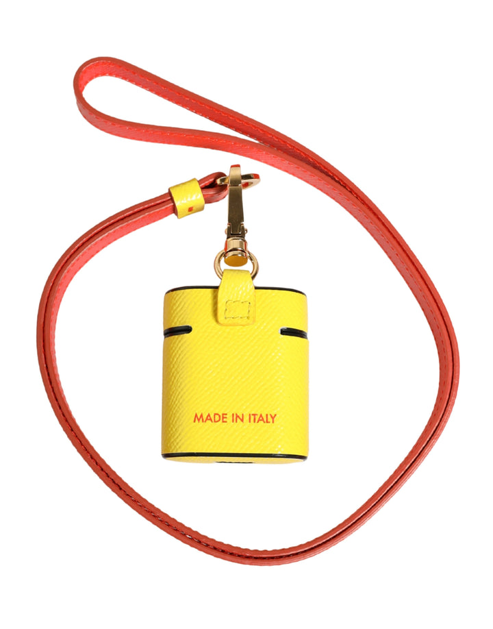 Dolce &amp; Gabbana Yellow Calf Leather Logo Flip Holder Strap Airpods Case