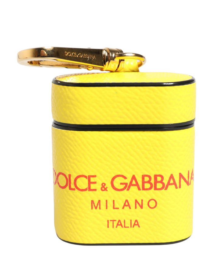 Dolce &amp; Gabbana Yellow Calf Leather Logo Flip Holder Strap Airpods Case