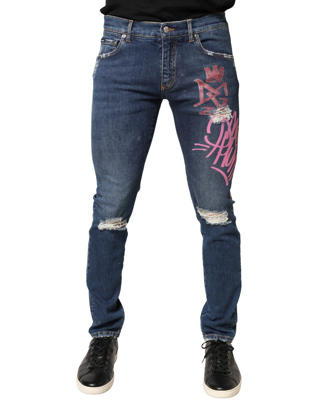 Dolce &amp; Gabbana Blue Distressed Graffiti Print Skinny Jeans