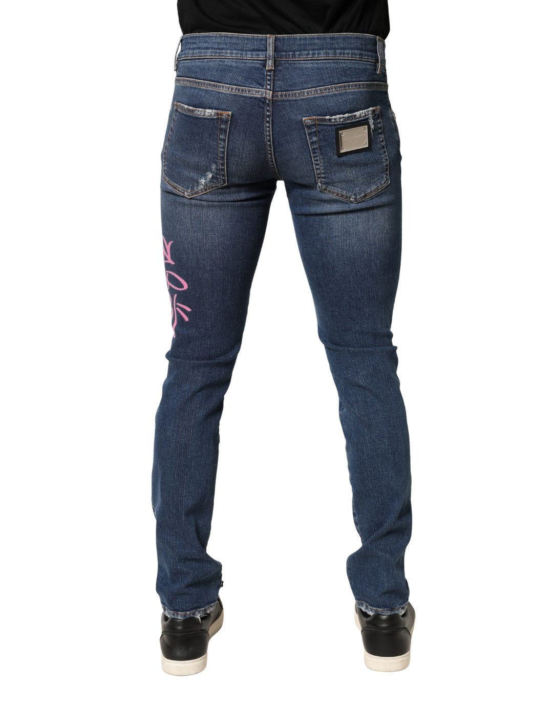 Dolce &amp; Gabbana Blue Distressed Graffiti Print Skinny Jeans
