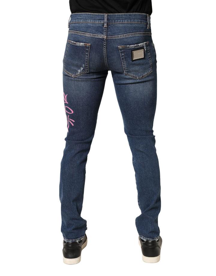 Dolce &amp; Gabbana Blue Distressed Graffiti Print Skinny Jeans