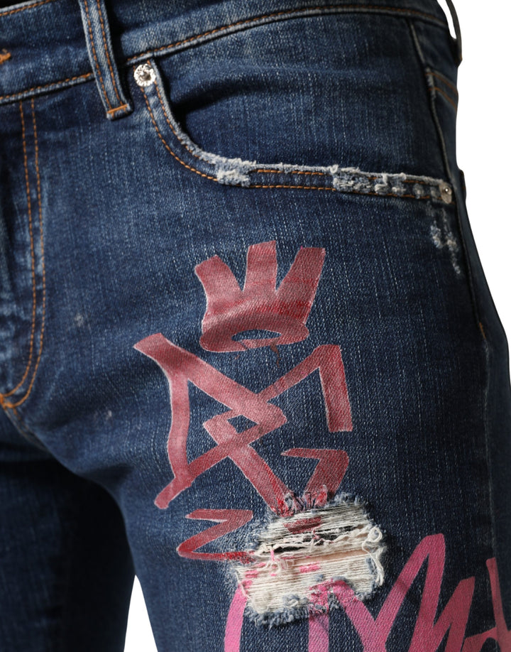Dolce &amp; Gabbana Blue Distressed Graffiti Print Skinny Jeans