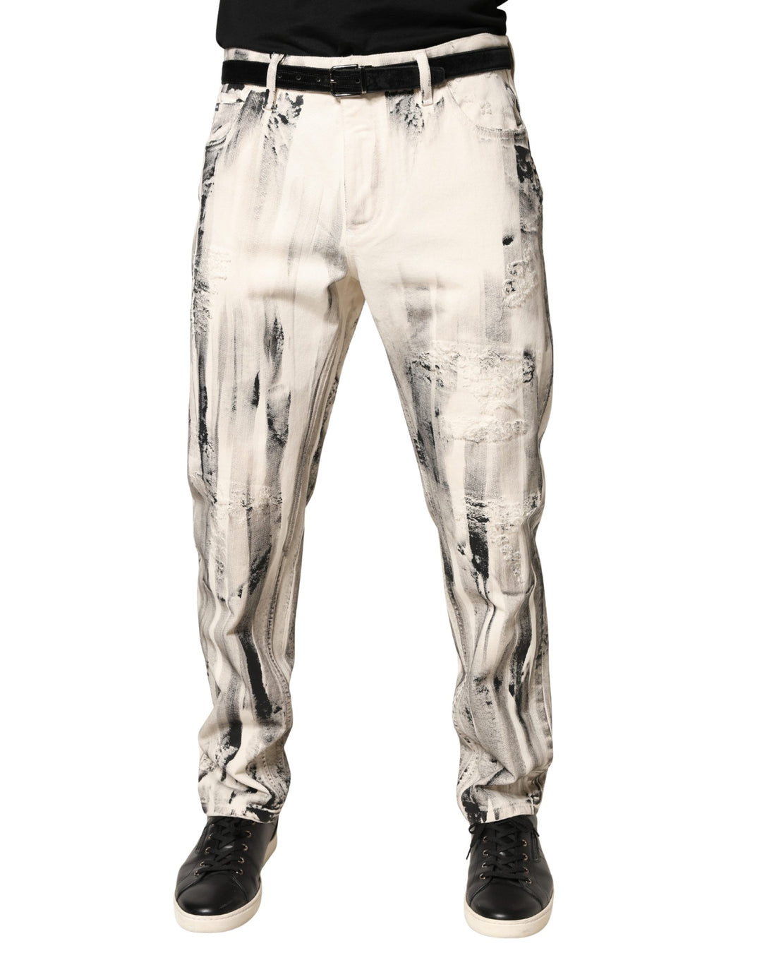 Dolce &amp; Gabbana White Distressed Paint Print LooseDenim Jeans