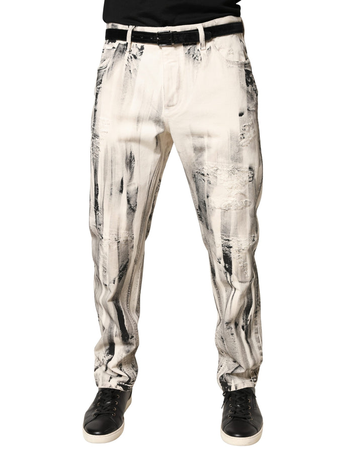 Dolce &amp; Gabbana White Distressed Paint Print LooseDenim Jeans