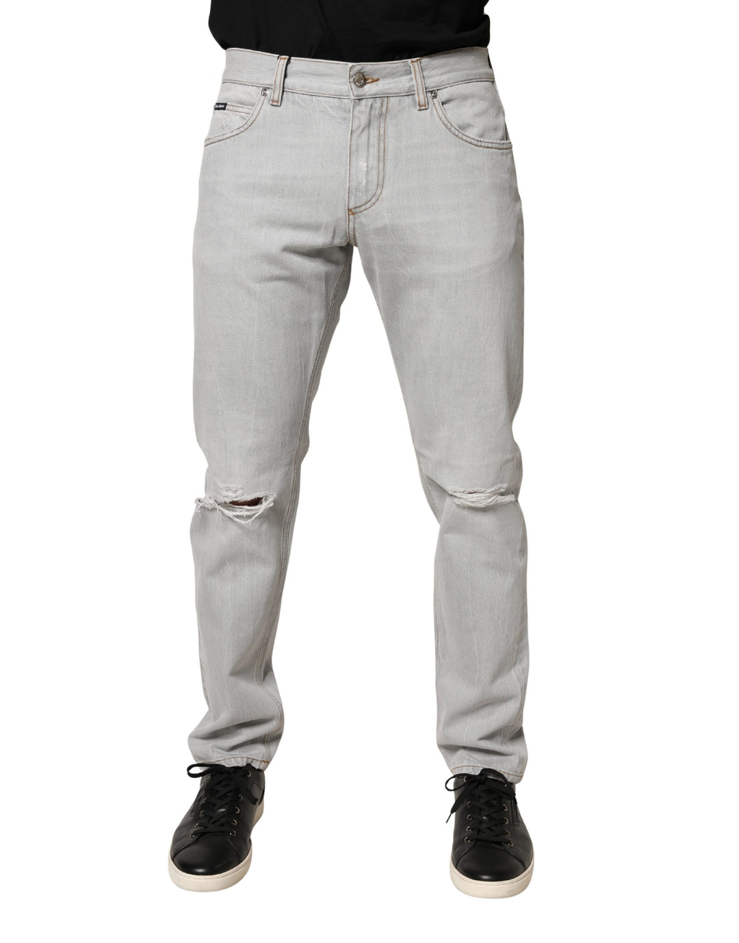 Dolce &amp; Gabbana Light Gray Ripped Cotton Regular Denim Jeans