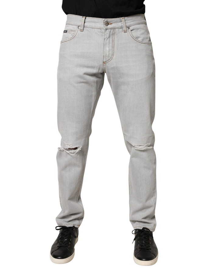 Dolce &amp; Gabbana Light Gray Ripped Cotton Regular Denim Jeans