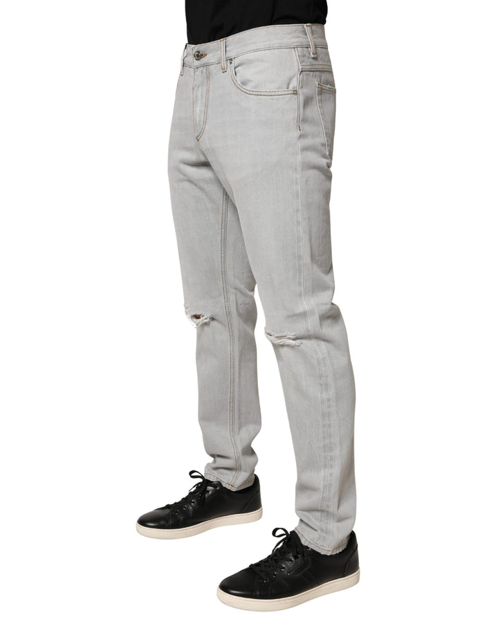 Dolce &amp; Gabbana Light Gray Ripped Cotton Regular Denim Jeans