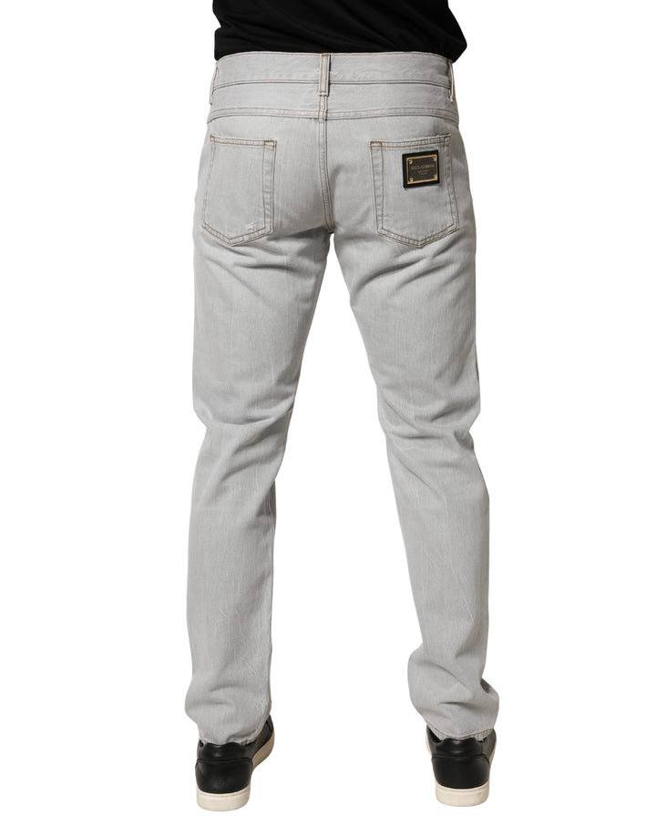 Dolce &amp; Gabbana Light Gray Ripped Cotton Regular Denim Jeans