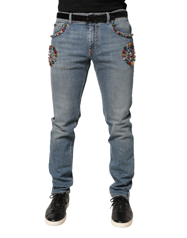 Dolce &amp; Gabbana Blue Embellished Loose Cotton Men Denim Jeans