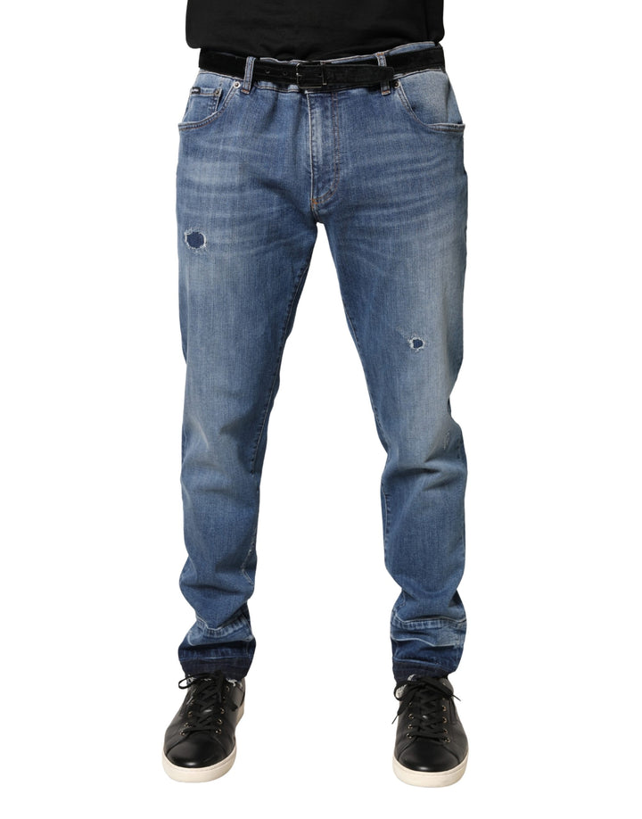 Dolce &amp; Gabbana Blue Tattered Skinny Cotton Denim Jeans