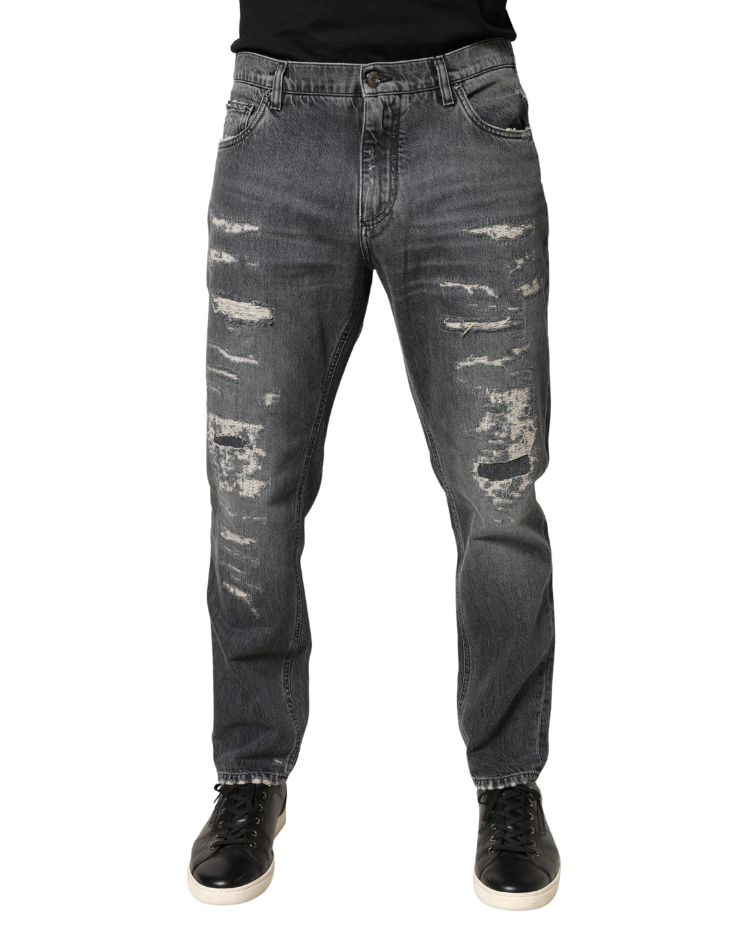 Dolce &amp; Gabbana Dark Gray Tattered Cotton Loose Denim Jeans