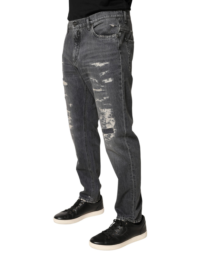 Dolce &amp; Gabbana Dark Gray Tattered Cotton Loose Denim Jeans