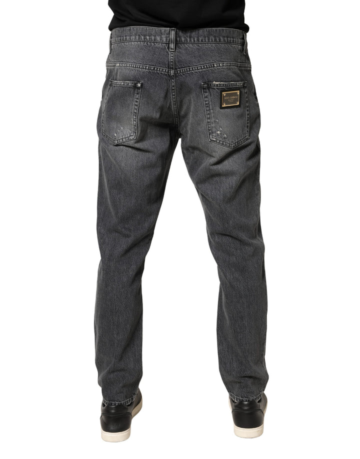 Dolce &amp; Gabbana Dark Gray Tattered Cotton Loose Denim Jeans