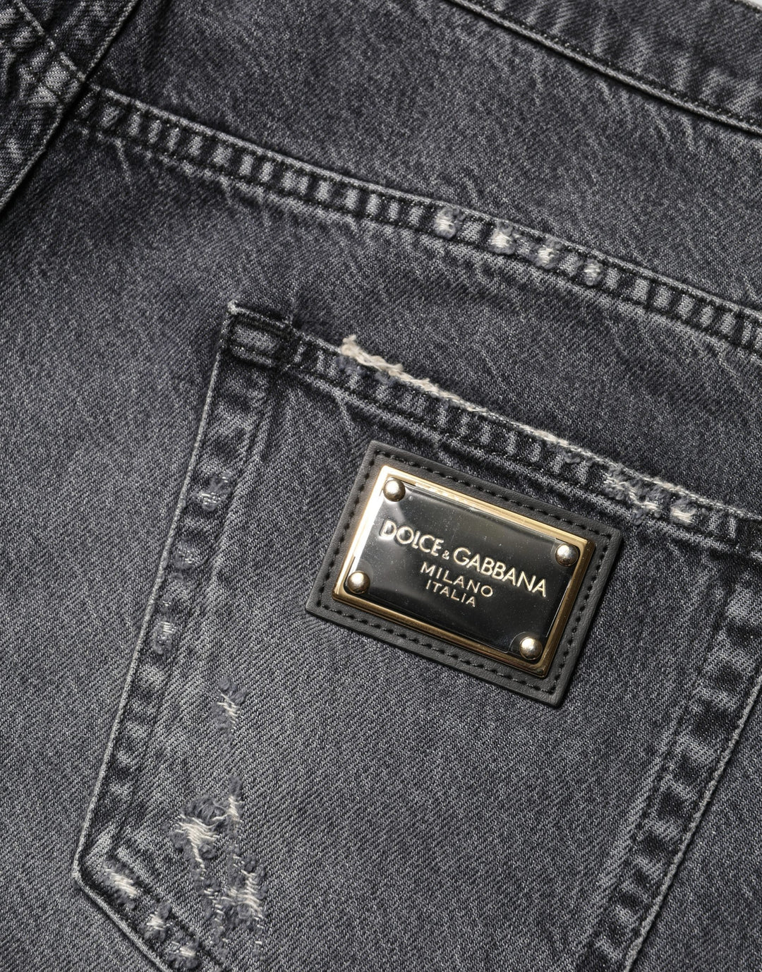 Dolce &amp; Gabbana Dark Gray Tattered Cotton Loose Denim Jeans