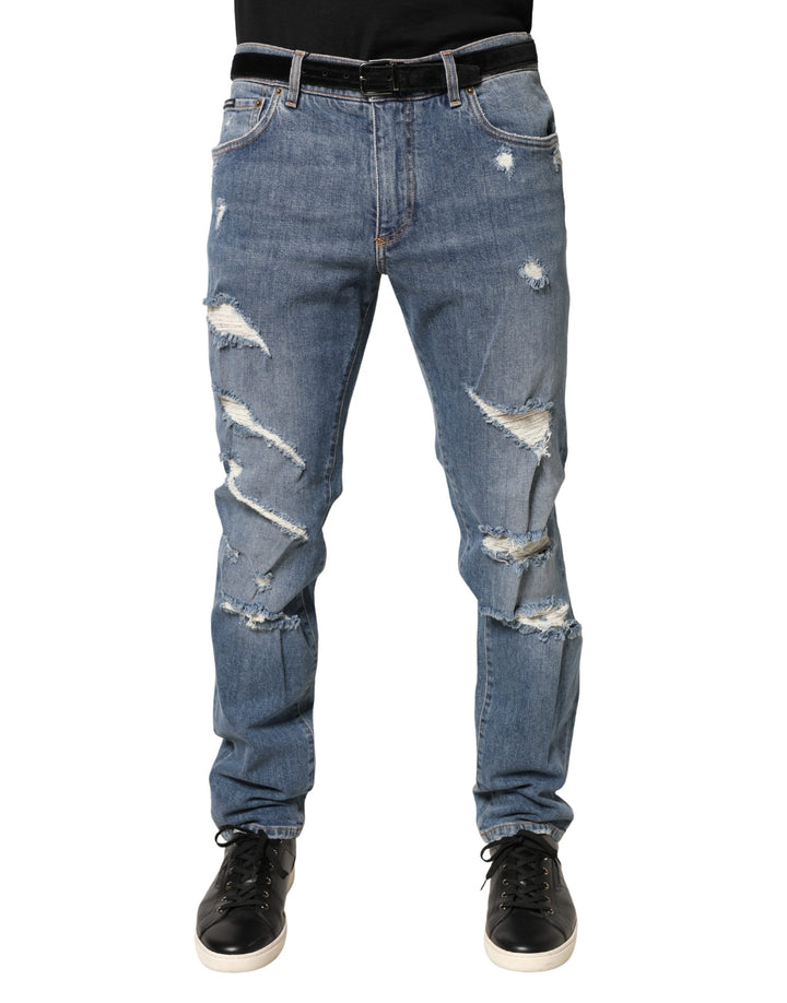 Dolce &amp; Gabbana Blue Tattered Slim Fit Cotton Denim Jeans