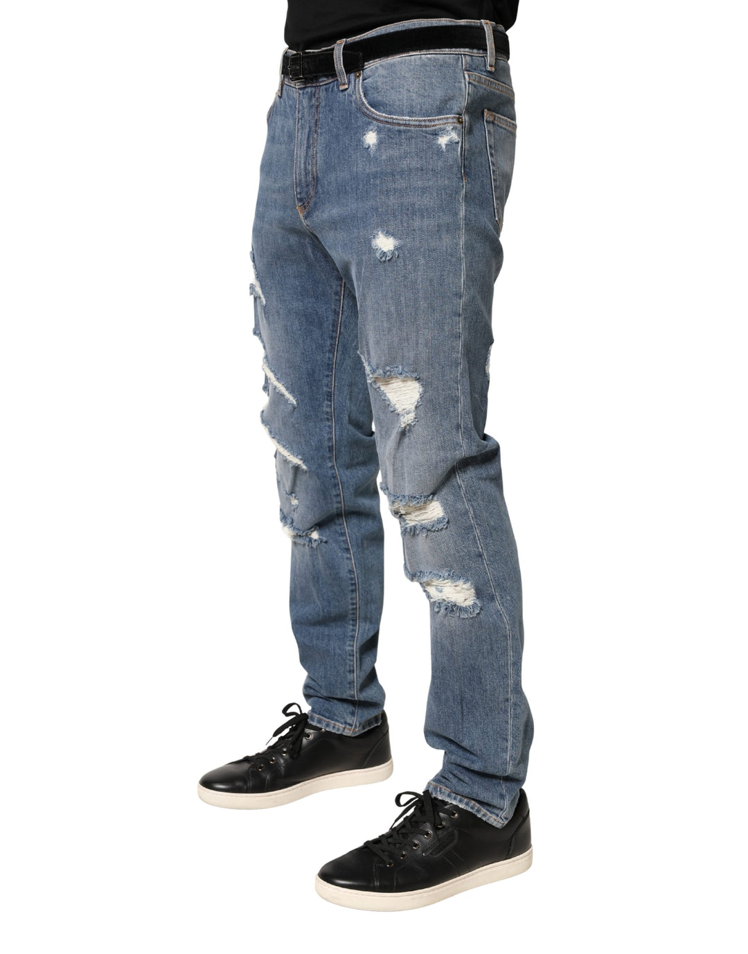 Dolce &amp; Gabbana Blue Tattered Slim Fit Cotton Denim Jeans