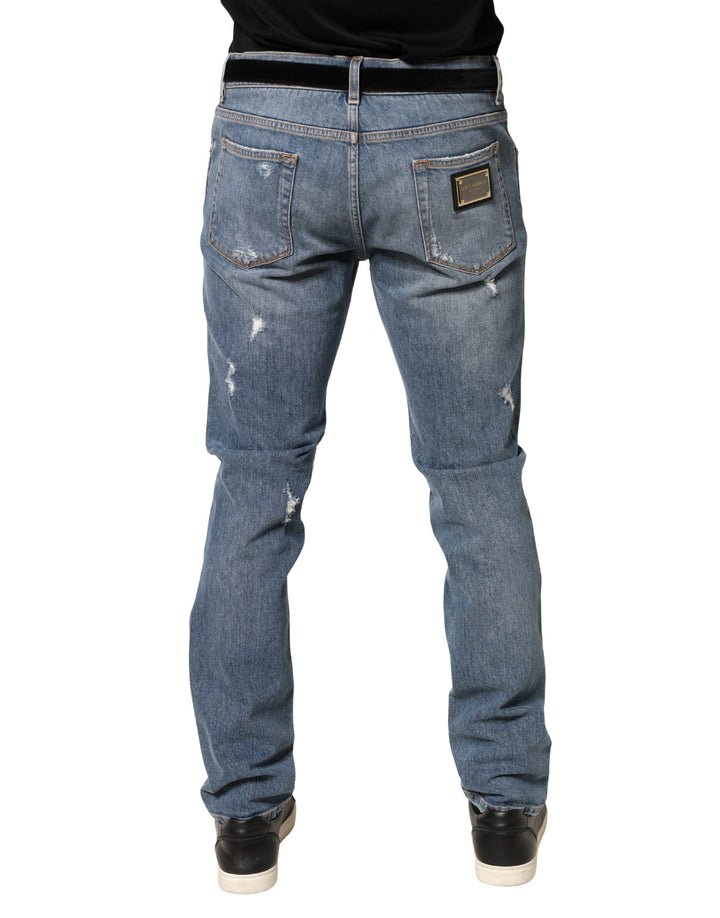 Dolce &amp; Gabbana Blue Tattered Slim Fit Cotton Denim Jeans