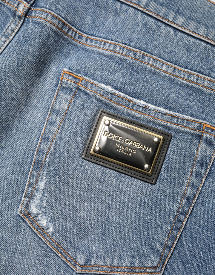 Dolce &amp; Gabbana Blue Tattered Slim Fit Cotton Denim Jeans