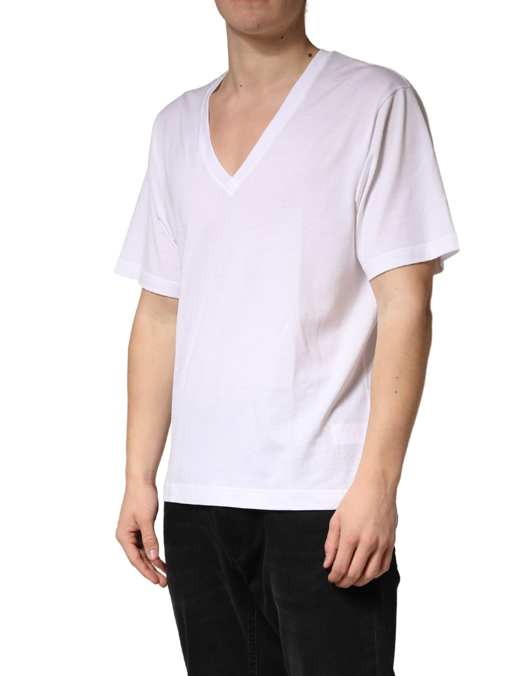 Dolce &amp; Gabbana White Cotton Plain V-Neck Men Shirt T-shirt